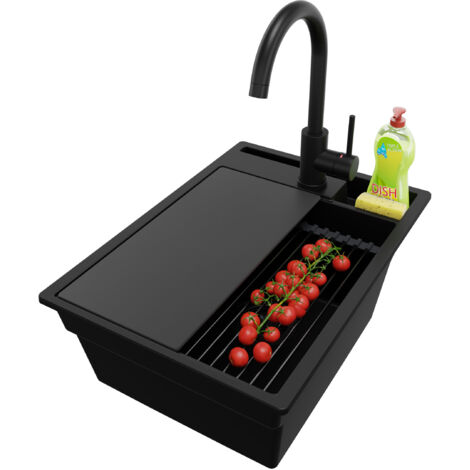 PRIMAGRAN Evier Cuisine en Granit 38x53cm, Lavabo 1 bac + Kit de Vidage + Accessoire, Évier à Encastrer au meuble 40cm - Oslo Pocket, Tout Noir (1/5)