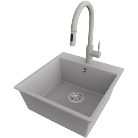 PRIMAGRAN Evier Cuisine en Granit 48x50cm,Lavabo 1 bac + Robinet 40x20cm + Kit de Vidage, Évier à Encastrer au meuble 50cm - Riga, Gris (1/5)