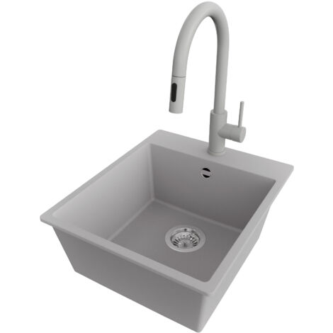 PRIMAGRAN Evier Cuisine en Granit 43x50cm,Lavabo 1 bac + Robinet 40x20cm + Kit de Vidage, Évier à Encastrer au meuble 45cm - Riga, Gris (1/5)