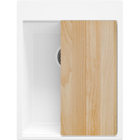 PRIMAGRAN Evier Cuisine en Granit 38x50cm,Lavabo 1 bac + Kit de Vidage + Planche à Découper, Évier à Encastrer au meuble 40cm - Oslo, Blanc (1/5)