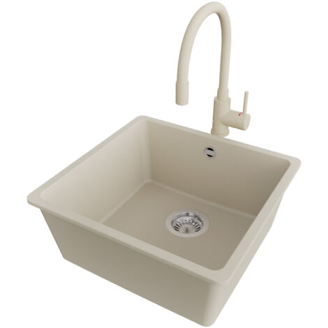 PRIMAGRAN Evier Cuisine en Granit 46x44cm,Lavabo 1 bac + Robinet 38x14cm + Kit de Vidage, Évier à Encastrer au meuble 50cm - Venise Slim Easy, Beige (1/5)