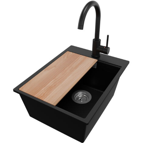 PRIMAGRAN Evier Cuisine en Granit 38x50cm,Lavabo 1 bac + Robinet 32x20cm + Kit de Vidage + Planche à Découper, Évier à Encastrer au meuble 40cm - Oslo, Noir (1/5)