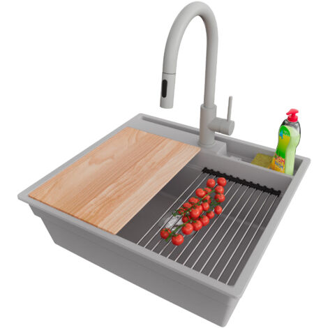 PRIMAGRAN Evier Cuisine en Granit 58x53cm,Lavabo 1 bac + Robinet 40x20cm + Kit de Vidage + Accessoires, Évier à Encastrer au meuble 60cm - Oslo Pocket, Gris (1/5)