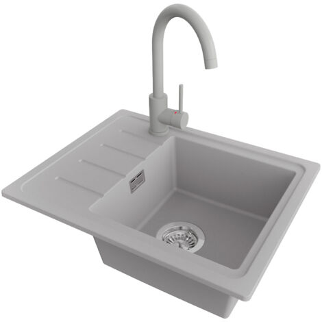 PRIMAGRAN Evier Cuisine en Granit 55x44cm,Lavabo 1 bac + Robinet 32x20cm + Kit de Vidage, Évier à Encastrer au meuble 45cm - Copenhague Easy, Gris (1/5)