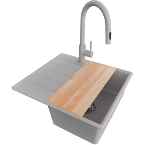 PRIMAGRAN Evier Cuisine en Granit 55x50cm, Lavabo 1 bac + Robinet 40x20cm + Kit de Vidage + Accessoire, Évier à Encastrer au meuble 40cm - Copenhague, Gris (1/5)