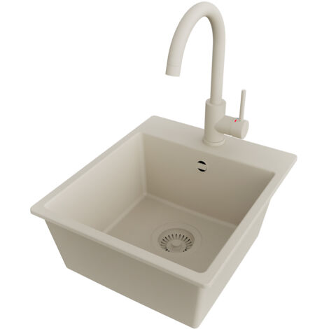 PRIMAGRAN Evier Cuisine en Granit 38x44cm,Lavabo 1 bac + Robinet 32x20cm + Kit de Vidage, Évier à Encastrer au meuble 40cm - Riga Easy, Beige (1/5)