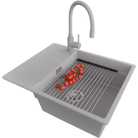 PRIMAGRAN Evier Cuisine en Granit 62x50cm, Lavabo 1 bac + Robinet 38x14cm + Kit de Vidage + Accessoire, Évier à Encastrer au meuble 50cm - San Francisco, Gris (1/5)