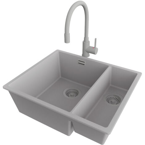 PRIMAGRAN Evier Sous Plan 56x47cm,Evier en Granit 1,5 bacs + Robinet 38x14cm + Kit de Vidage, Évier au meuble 60cm - London Duo, Gris (1/5)