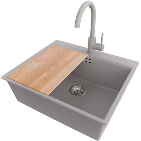 PRIMAGRAN Evier Cuisine en Granit 58x50cm,Lavabo 1 bac + Robinet 32x20cm + Kit de Vidage + Planche à Découper, Évier à Encastrer au meuble 60cm - Oslo, Gris (1/5)