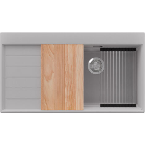 PRIMAGRAN Evier Cuisine en Granit 90x50cm,Lavabo 1 bac + Kit de Vidage + Accessoires, Évier à Encastrer au meuble 60cm - Sydney, Gris (1/5)