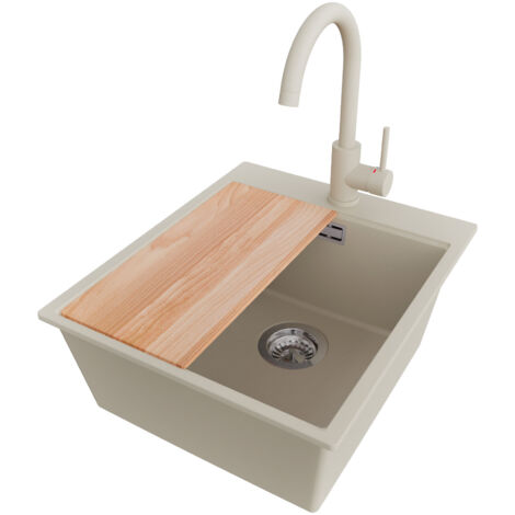 PRIMAGRAN Evier Cuisine en Granit 43x50cm,Lavabo 1 bac + Robinet 32x20cm + Kit de Vidage + Planche à Découper, Évier à Encastrer au meuble 45cm - Oslo, Beige (1/5)