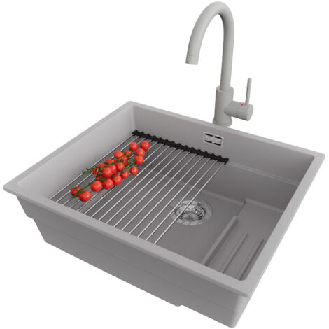 PRIMAGRAN Evier Cuisine en Granit 56x47cm, Lavabo 1 bac + Robinet 32x20cm + Kit de Vidage + Accessoire, Évier à Encastrer au meuble 60cm - Prague Slim, Gris (1/5)