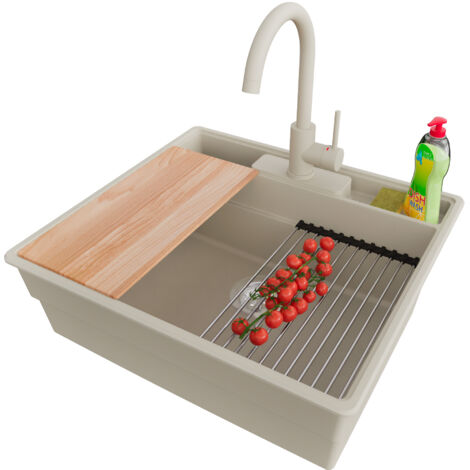PRIMAGRAN Evier Cuisine en Granit 58x53cm,Lavabo 1 bac + Robinet 32x20cm + Kit de Vidage + Accessoires, Évier à Encastrer au meuble 60cm - New York, Beige (1/5)