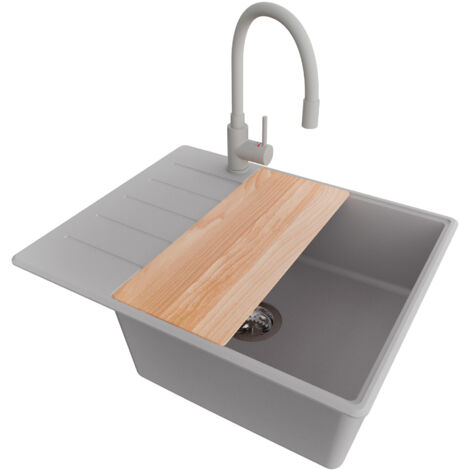 PRIMAGRAN Evier Cuisine en Granit 62x50cm, Lavabo 1 bac + Robinet 38x14cm + Kit de Vidage + Accessoire, Évier à Encastrer au meuble 50cm - Copenhague, Gris (1/5)