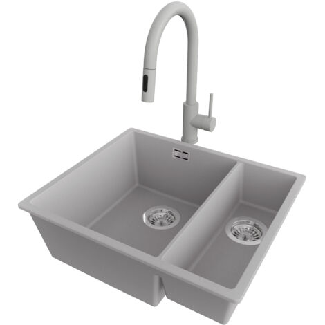 PRIMAGRAN Evier Cuisine en Granit 56x47cm,Lavabo 1,5 bacs + Robinet 40x20cm + Kit de Vidage, Évier à Encastrer au meuble 60cm - London Slim Duo, Gris (1/5)