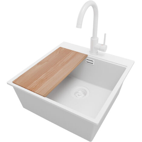 PRIMAGRAN Evier Cuisine en Granit 48x50cm, Lavabo 1 bac + Robinet 32x20cm + Kit de Vidage + Accessoire, Évier à Encastrer au meuble 50cm - Oslo, Tout Blanc (1/5)