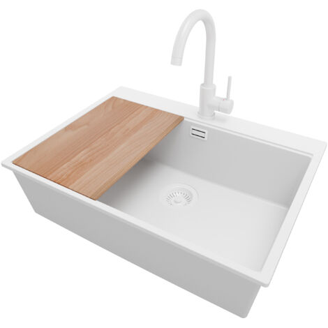 PRIMAGRAN Evier Cuisine en Granit 68x50cm, Lavabo 1 bac + Robinet 32x20cm + Kit de Vidage + Accessoire, Évier à Encastrer au meuble 70cm - Oslo, Tout Blanc (1/5)
