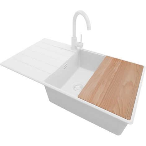 PRIMAGRAN Evier Cuisine en Granit 90x50cm, Lavabo 1 bac + Kit de Vidage + Accessoire, Évier à Encastrer au meuble 60cm - Copenhague, Tout Blanc (1/5)