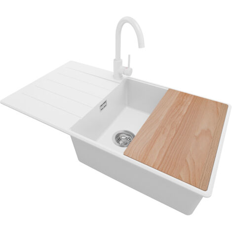 PRIMAGRAN Evier Cuisine en Granit 90x50cm, Lavabo 1 bac + Robinet 32x20cm + Kit de Vidage + Accessoire, Évier à Encastrer au meuble 60cm - Copenhague, Blanc (1/5)