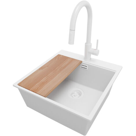 PRIMAGRAN Evier Cuisine en Granit 48x50cm, Lavabo 1 bac + Robinet 40x20cm + Kit de Vidage + Accessoire, Évier à Encastrer au meuble 50cm - Oslo, Tout Blanc (1/5)