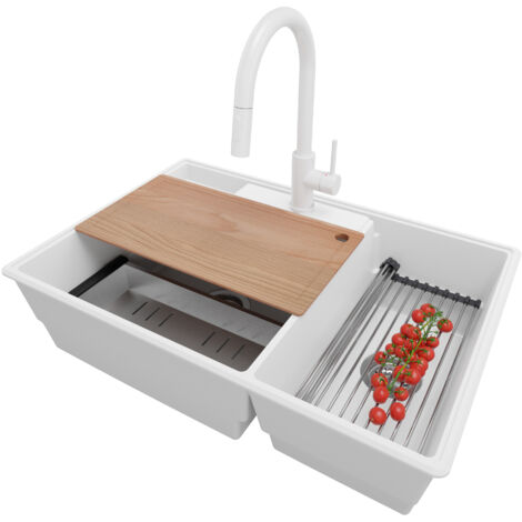 PRIMAGRAN Evier Cuisine en Granit 78x53cm,Lavabo 2 bacs + Robinet 40x20cm + Kit de Vidage + Accessoires, Évier à Encastrer au meuble 80cm - Paris, Blanc