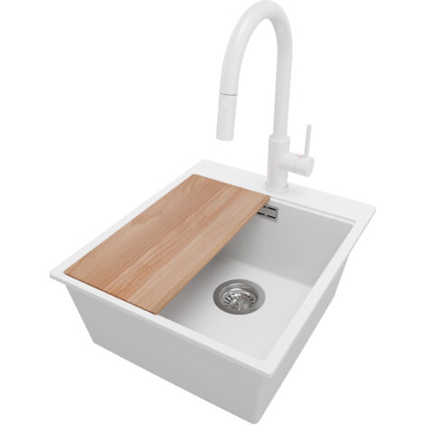 PRIMAGRAN Evier Cuisine en Granit 43x50cm,Lavabo 1 bac + Robinet 40x20cm + Kit de Vidage + Planche à Découper, Évier à Encastrer au meuble 45cm - Oslo, Blanc (1/5)