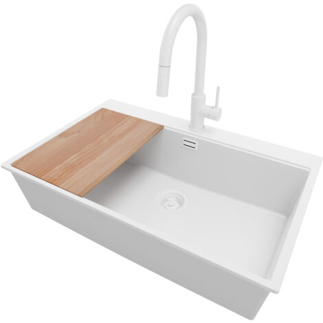 PRIMAGRAN Evier Cuisine en Granit 78x50cm, Lavabo 1 bac + Robinet 40x20cm + Kit de Vidage + Accessoire, Évier à Encastrer au meuble 80cm - Oslo, Tout Blanc (1/5)