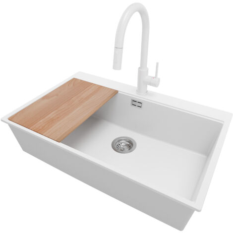 PRIMAGRAN Evier Cuisine en Granit 78x50cm,Lavabo 1 bac + Robinet 40x20cm + Kit de Vidage + Planche à Découper, Évier à Encastrer au meuble 80cm - Oslo, Blanc (1/5)