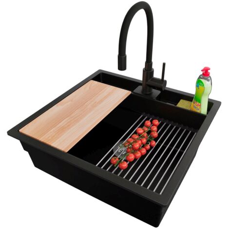 PRIMAGRAN Evier Cuisine en Granit 56x54cm,Lavabo 1 bac + Robinet 40x38cm + Kit de Vidage + Accessoires, Évier à Encastrer au meuble 60cm - Bergen Pocket, Noir (1/5)