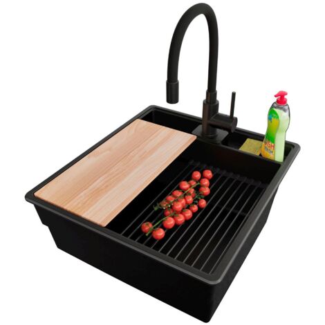 PRIMAGRAN Evier Cuisine en Granit 48x53cm,Lavabo 1 bac + Robinet 40x38cm + Kit de Vidage + Accessoires, Évier à Encastrer au meuble 50cm - New York, Tout Noir (1/5)