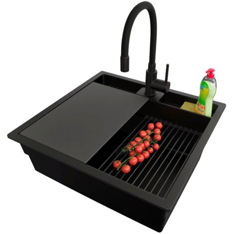 PRIMAGRAN Evier Cuisine en Granit 56x54cm, Lavabo 1 bac + Kit de Vidage + Accessoire, Évier à Encastrer au meuble 60cm - Bergen Pocket, Tout Noir (1/5)