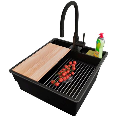 PRIMAGRAN Evier Cuisine en Granit 48x53cm,Lavabo 1 bac + Robinet 40x38cm + Kit de Vidage + Accessoires, Évier à Encastrer au meuble 50cm - New York, Noir (1/5)