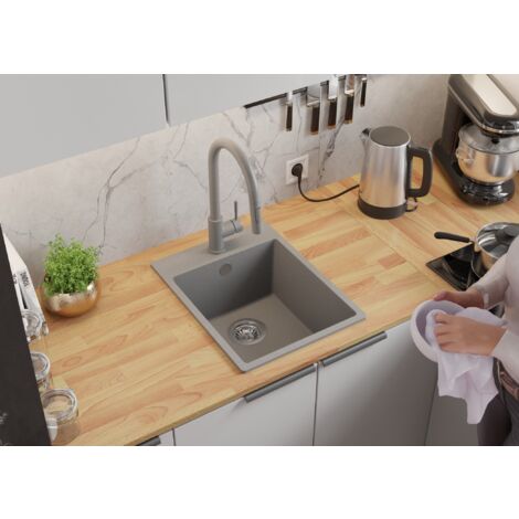 Evier Cuisine en Granit 38x50 cm Lavabo 1 bac + Kit de Vidage, Évier à Encastrer de Primagran, Gris