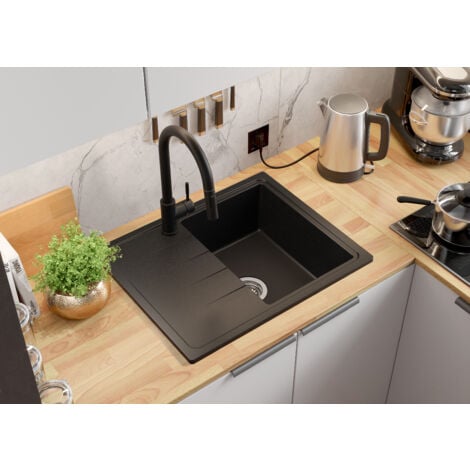 Evier Cuisine en Granit 62 x 50 cm Lavabo 1 bac + Siphon Classique, Évier à Encastrer de Primagran, Noir