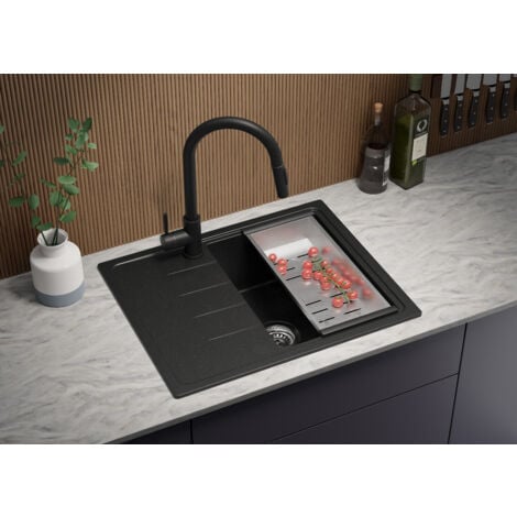Evier Cuisine en Granit 62 x 50 cm Lavabo 1 bac + Siphon Classique, Évier à Encastrer de Primagran, Noir