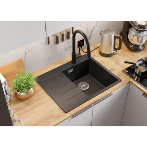 Evier Cuisine en Granit 62 x 50 cm Lavabo 1 bac + Siphon Classique, Évier à Encastrer de Primagran, Graphite
