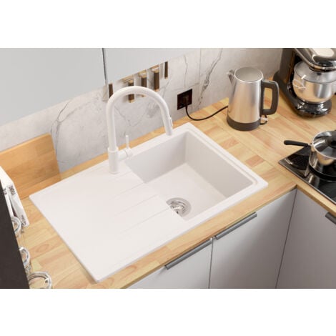 PRIMAGRAN Evier Cuisine en Granit 78x50cm, Lavabo 1 bac + Kit de Vidage, Évier à Encastrer au meuble 45cm - Milan, Blanc