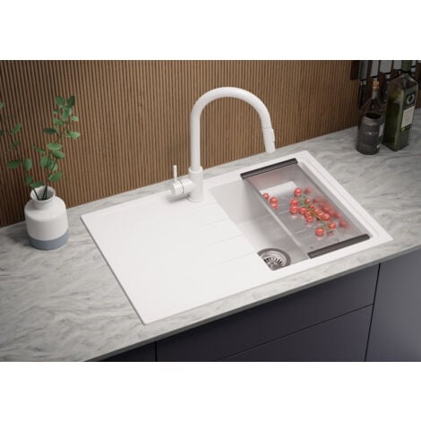 PRIMAGRAN Evier Cuisine en Granit 78x50cm, Lavabo 1 bac + Kit de Vidage, Évier à Encastrer au meuble 45cm - Milan, Blanc