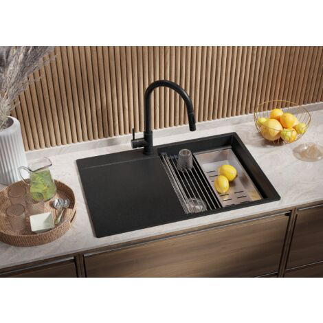 Evier Cuisine en Granit 78 x 50 cm Lavabo 1 bac + Kit de Vidage + égouttoir enroulable, Évier à Encastrer de Primagran, Graphite