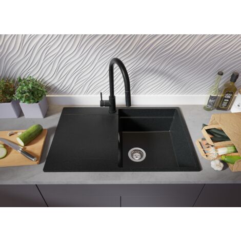 Evier Cuisine en Granit 78 x 50 cm Lavabo 1 bac + Kit de Vidage + égouttoir enroulable, Évier à Encastrer de Primagran, Graphite