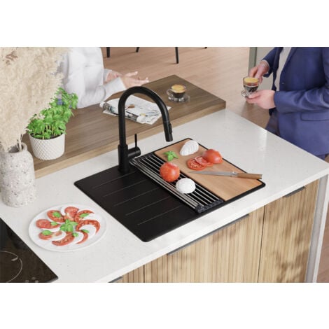 PRIMAGRAN Evier Cuisine en Granit 62x50cm, Lavabo 1 bac + Kit de Vidage + Planche à Découper, Évier à Encastrer au meuble 45cm - Copenhague, Noir