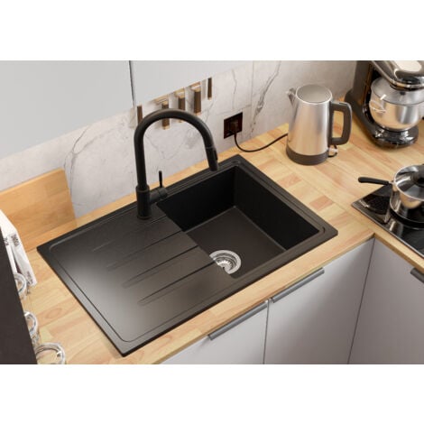 Evier Cuisine en Granit 78 x 50 cm Lavabo 1 bac + Kit de Vidage, Évier à Encastrer de Primagran, Noir