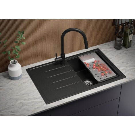 Evier Cuisine en Granit 78 x 50 cm Lavabo 1 bac + Kit de Vidage, Évier à Encastrer de Primagran, Noir