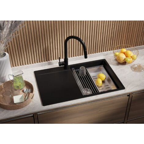 Evier Cuisine en Granit 78 x 50 cm Lavabo 1 bac + Kit de Vidage + égouttoir enroulable, Évier à Encastrer de Primagran, Noir