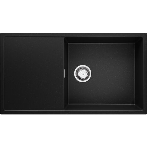 PRIMAGRAN Evier Cuisine en Granit 90x50cm, Lavabo 1 bac + Kit de Vidage, Évier à Encastrer au meuble 60cm - Ibiza, Noir Métallisé