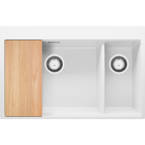 PRIMAGRAN Evier Cuisine en Granit 78x50cm, Lavabo 2 bacs + Kit de Vidage + Planche à Découper, Évier à Encastrer au meuble 80cm - Oslo Duo, Blanc