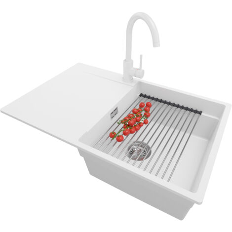 PRIMAGRAN Evier Cuisine en Granit 78x50cm, Lavabo 1 bac + Robinet 32x20cm + Kit de Vidage + Accessoire, Évier à Encastrer au meuble 50cm - San Francisco, Blanc