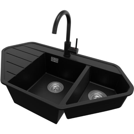 PRIMAGRAN Evier d'angle en Granit 90x50cm, Lavabo Cuisine 1,5 bacs + Kit de Vidage + Accessoire, Évier à Encastrer au meuble 80cm - Copenhague Corner, Noir