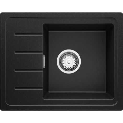 PRIMAGRAN Evier Cuisine en Granit 55x44cm, Lavabo 1 bac + Kit de Vidage, Évier à Encastrer au meuble 45cm - Copenhague Easy, Noir