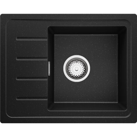 PRIMAGRAN Evier Cuisine en Granit 55x44cm, Lavabo 1 bac + Kit de Vidage, Évier à Encastrer au meuble 45cm - Copenhague Easy, Noir Métallisé